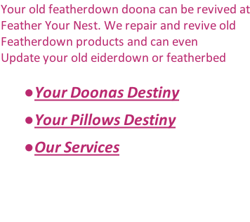 Your old featherdown doona can be revived at Feather Your Nest. We repair and revive old Featherdown products and can even Update your old eiderdown or featherbed   Your Doonas Destiny  Your Pillows Destiny  Our Services